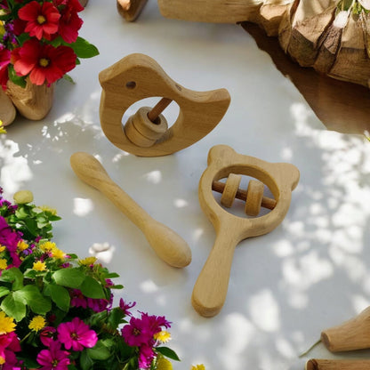 Combo of Rattles & Teether - Dove, Mickey Head & Dumbbell Shapes – Wooden Toys on Brown Living™. SKU: RT_DV-MKHD-DBL. Img 3.