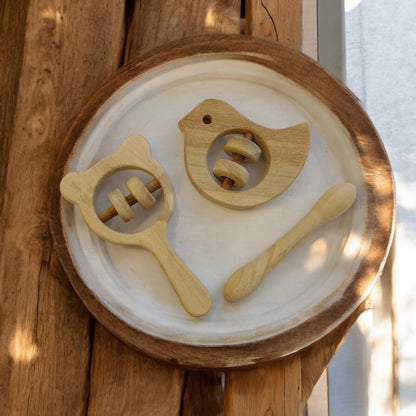 Combo of Rattles & Teether - Dove, Mickey Head & Dumbbell Shapes – Wooden Toys on Brown Living™. SKU: RT_DV-MKHD-DBL. Img 4.