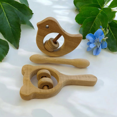 Combo of Rattles & Teether - Dove, Mickey Head & Dumbbell Shapes – Wooden Toys on Brown Living™. SKU: RT_DV-MKHD-DBL. Img 5.