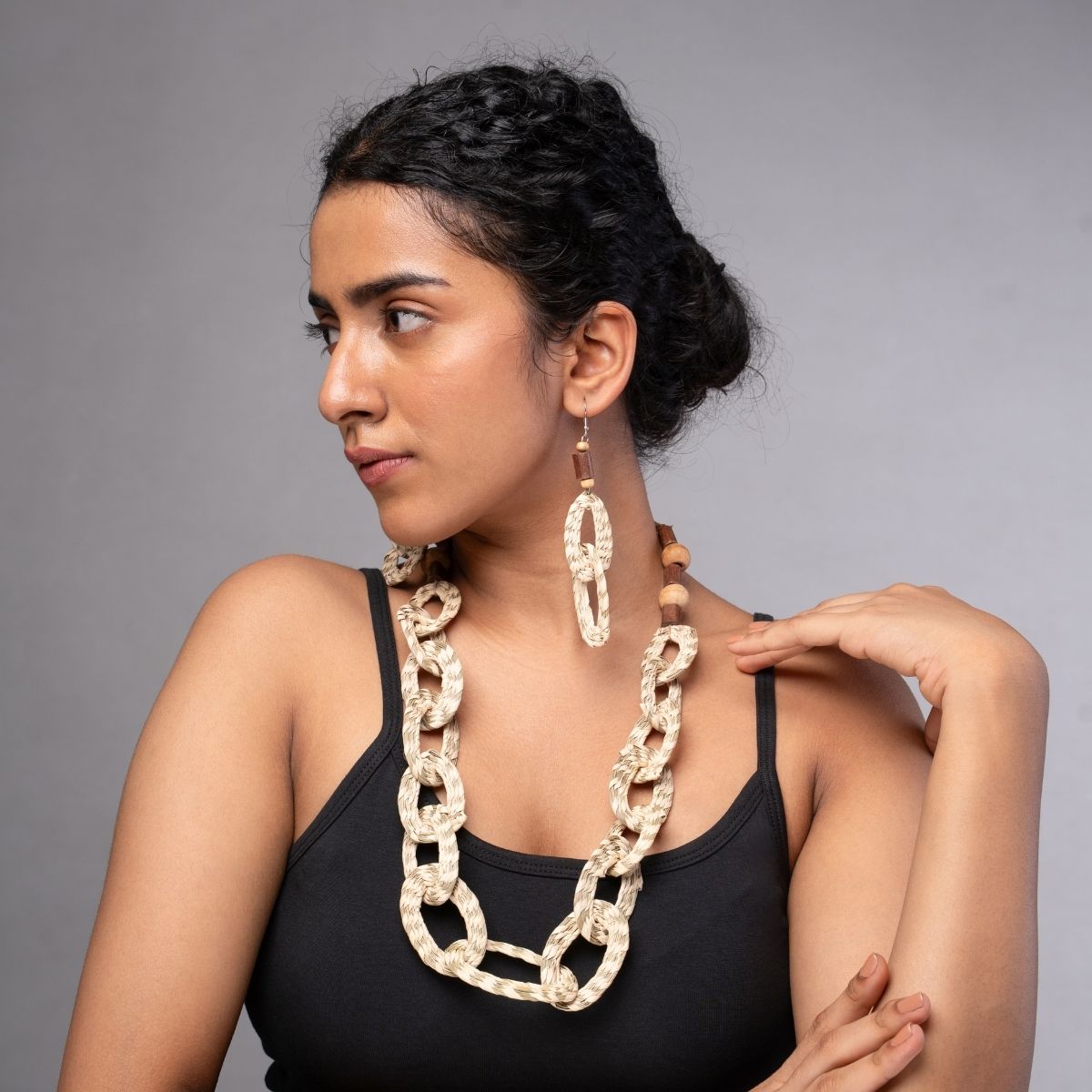 Combo of Sabai Grass Handweaving Loop Necklace and Earrings – Womens Earrings on Brown Living™. SKU: JCC033. Img 1.