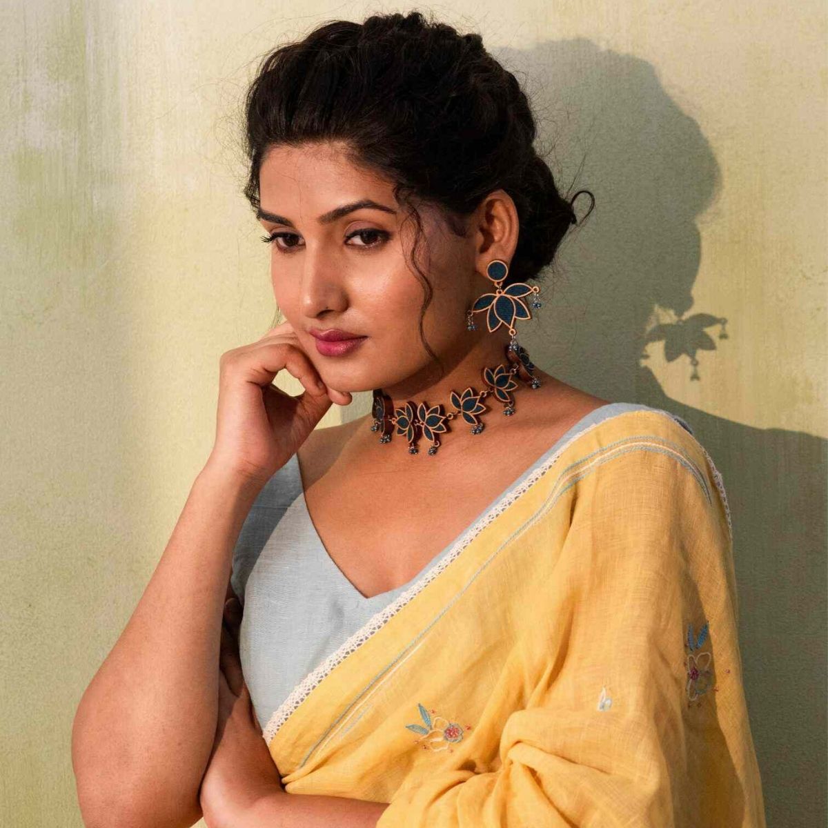 Combo of Teal Lotus Repurposed Fabric & Wood | Choker Earring Set – Womens Earrings on Brown Living™. SKU: JCC028. Img 1.