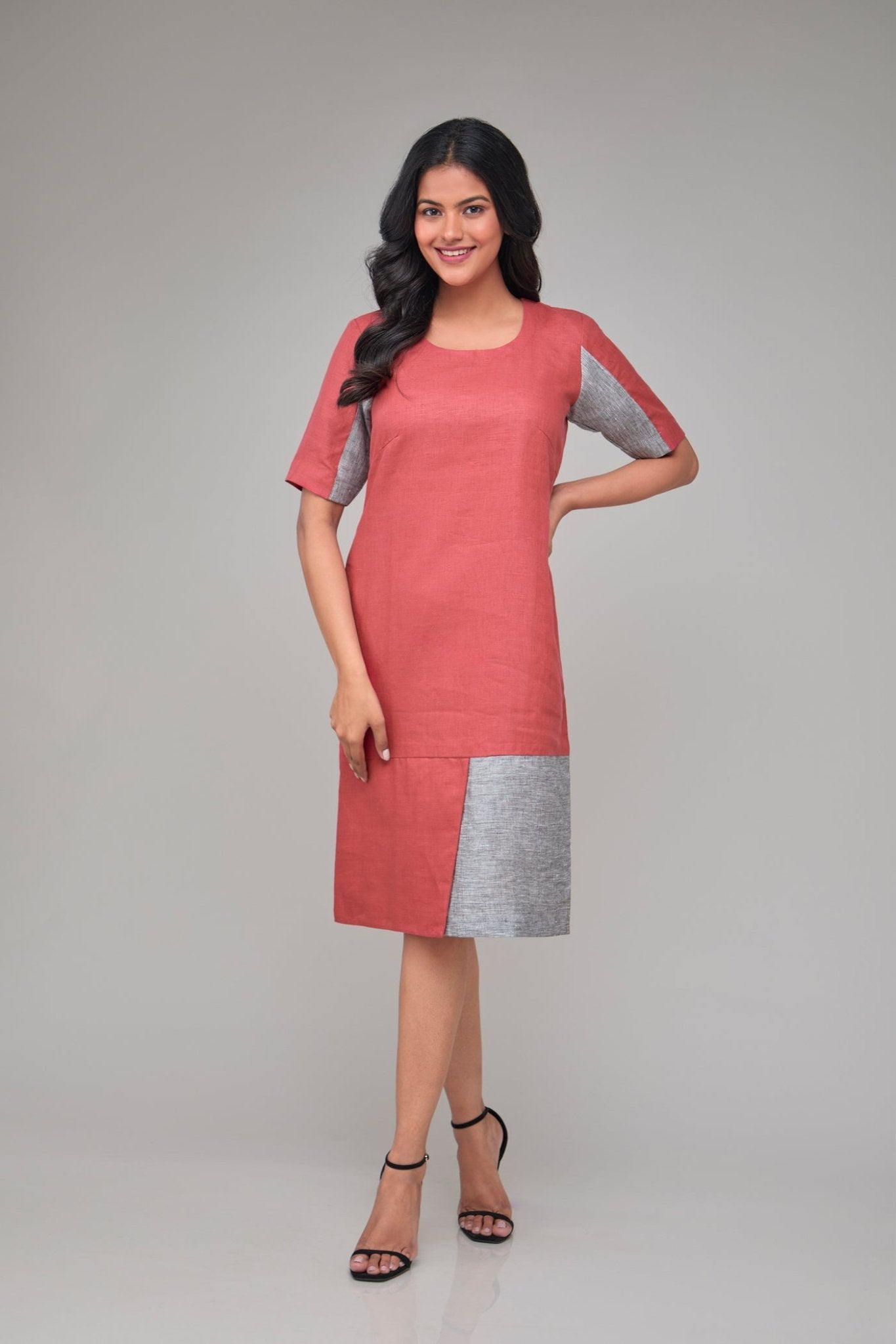 Contrast Half Sleeve Hemp Shift Dress For Women – Womens Dress on Brown Living™. SKU: GD03-TGY-S. Img 2.