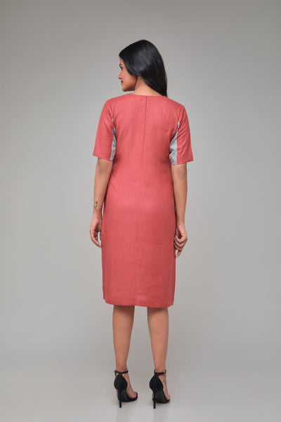 Contrast Half Sleeve Hemp Shift Dress For Women – Womens Dress on Brown Living™. SKU: GD03-TGY-S. Img 4.