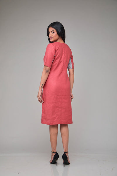 Contrast Half Sleeve Hemp Shift Dress For Women – Womens Dress on Brown Living™. SKU: GD03-TGY-S. Img 3.