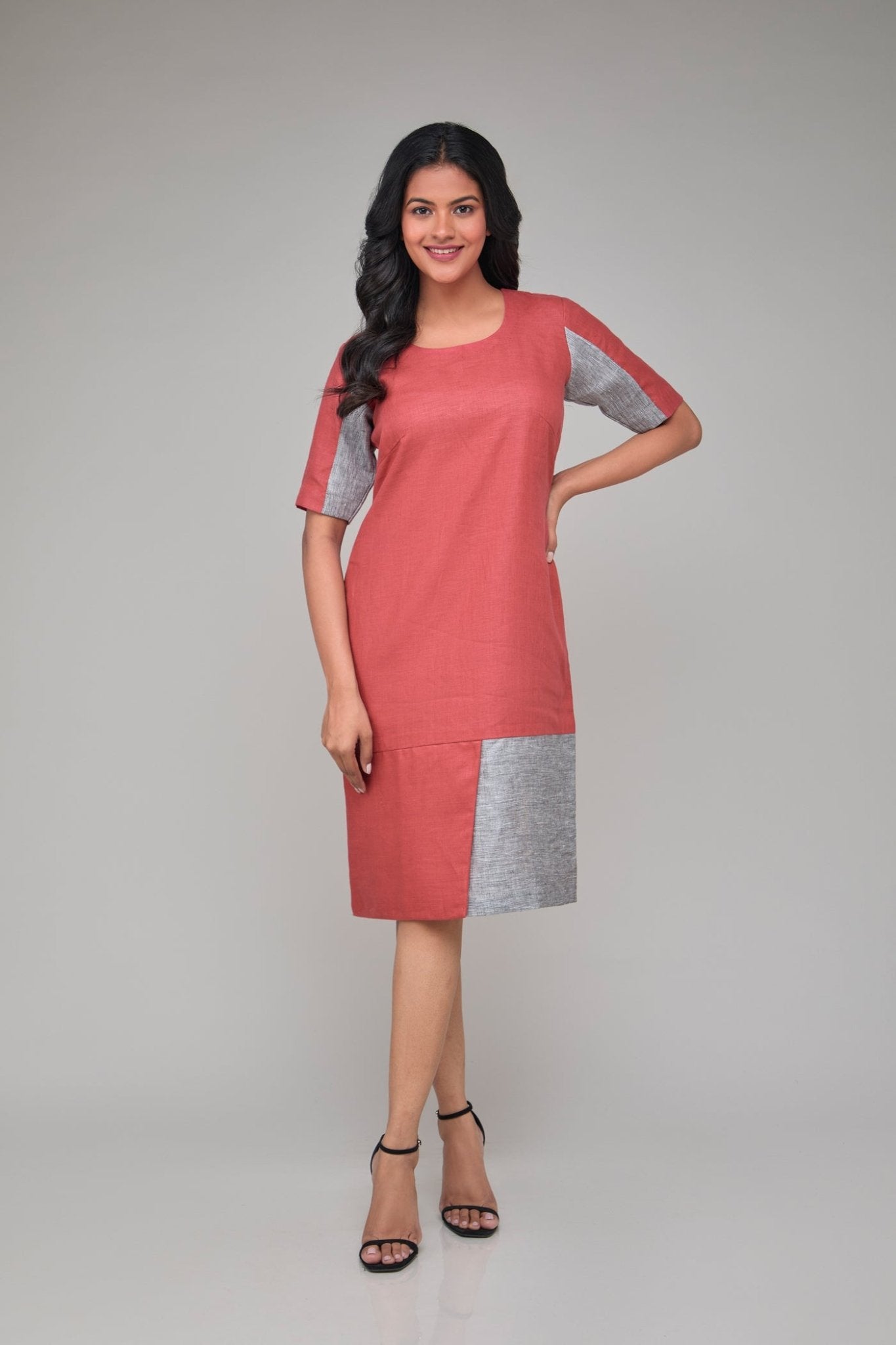 Contrast Half Sleeve Hemp Shift Dress For Women – Womens Dress on Brown Living™. SKU: GD03-TGY-S. Img 1.