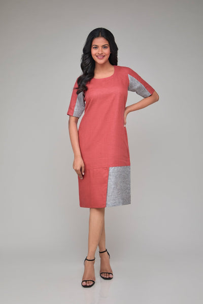 Contrast Half Sleeve Hemp Shift Dress For Women – Womens Dress on Brown Living™. SKU: GD03-TGY-S. Img 1.