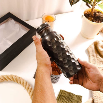 Copper Bottle Black Antique Finish Gift Set With 2 Glasses – Bottles & Sippers on Brown Living™. SKU: OEP138. Img 3.