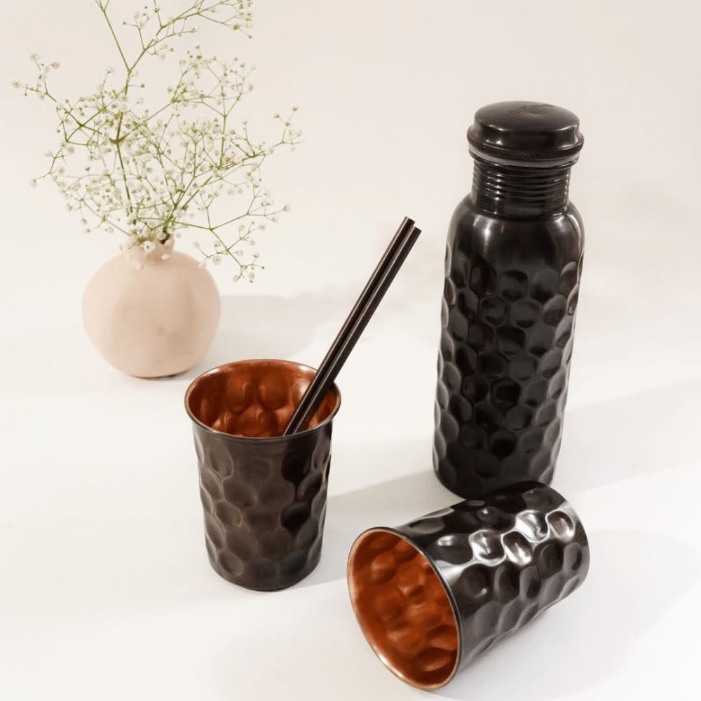 Copper Bottle Black Antique Finish Gift Set With 2 Glasses – Bottles & Sippers on Brown Living™. SKU: OEP138. Img 4.