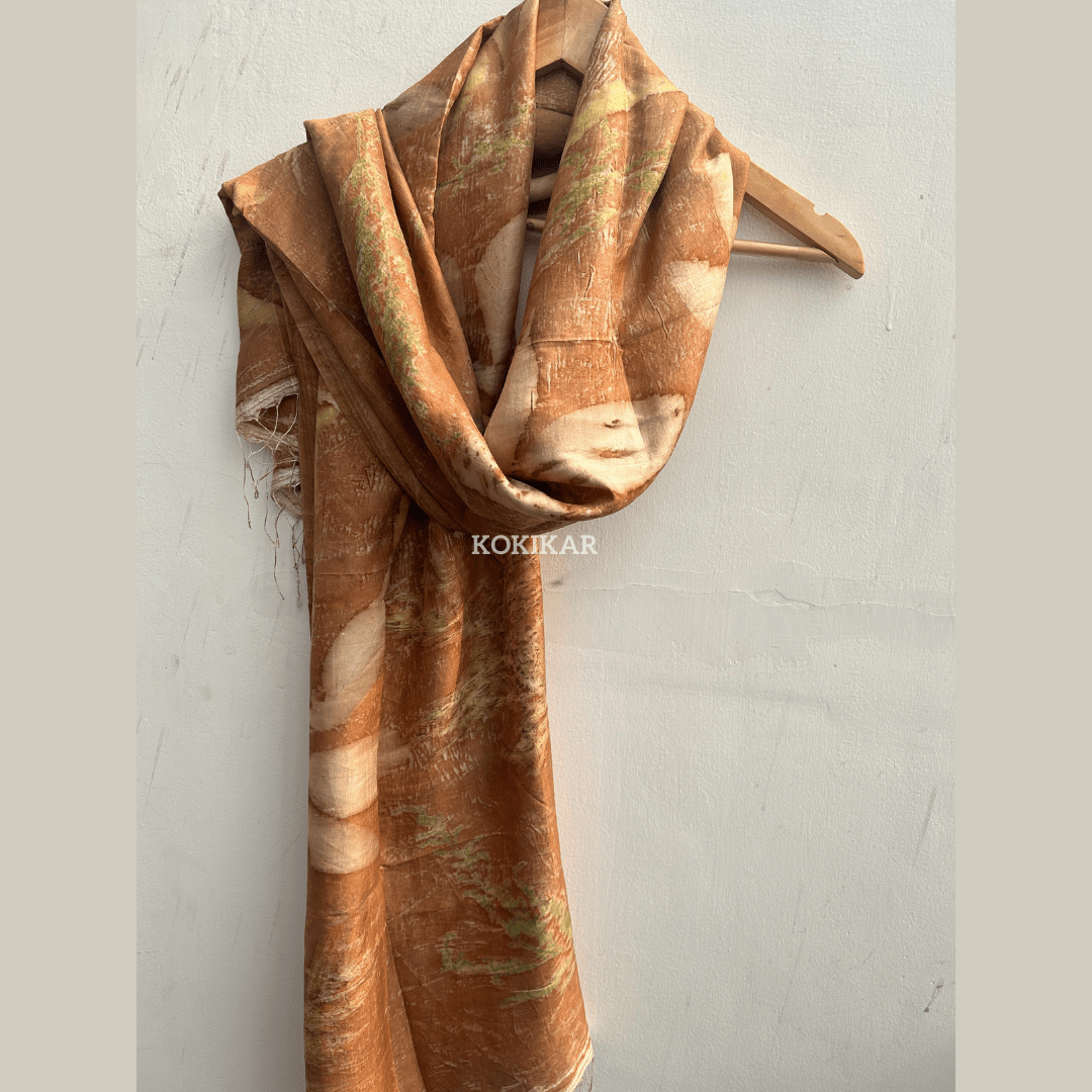 Coral Carnation Pure Silk Scarf – Naturally Dyed & Ecoprinted – Womens Scarf on Brown Living™. SKU: CO-SCARF-001. Img 6.