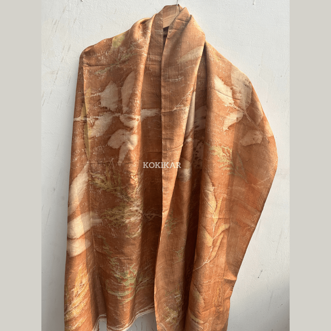 Coral Carnation Pure Silk Scarf – Naturally Dyed & Ecoprinted – Womens Scarf on Brown Living™. SKU: CO-SCARF-001. Img 9.