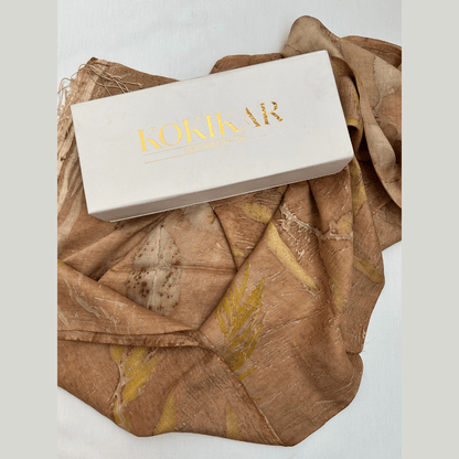 Coral Carnation Pure Silk Scarf – Naturally Dyed & Ecoprinted – Womens Scarf on Brown Living™. SKU: CO-SCARF-001. Img 11.