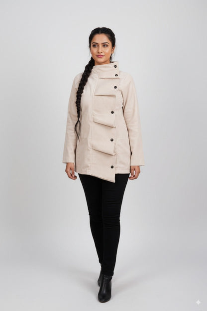Corduroy Asymmetric Jacket – Stylish Casual Wear for Women – Womens Jacket on Brown Living™. SKU: J21011. Img 4.