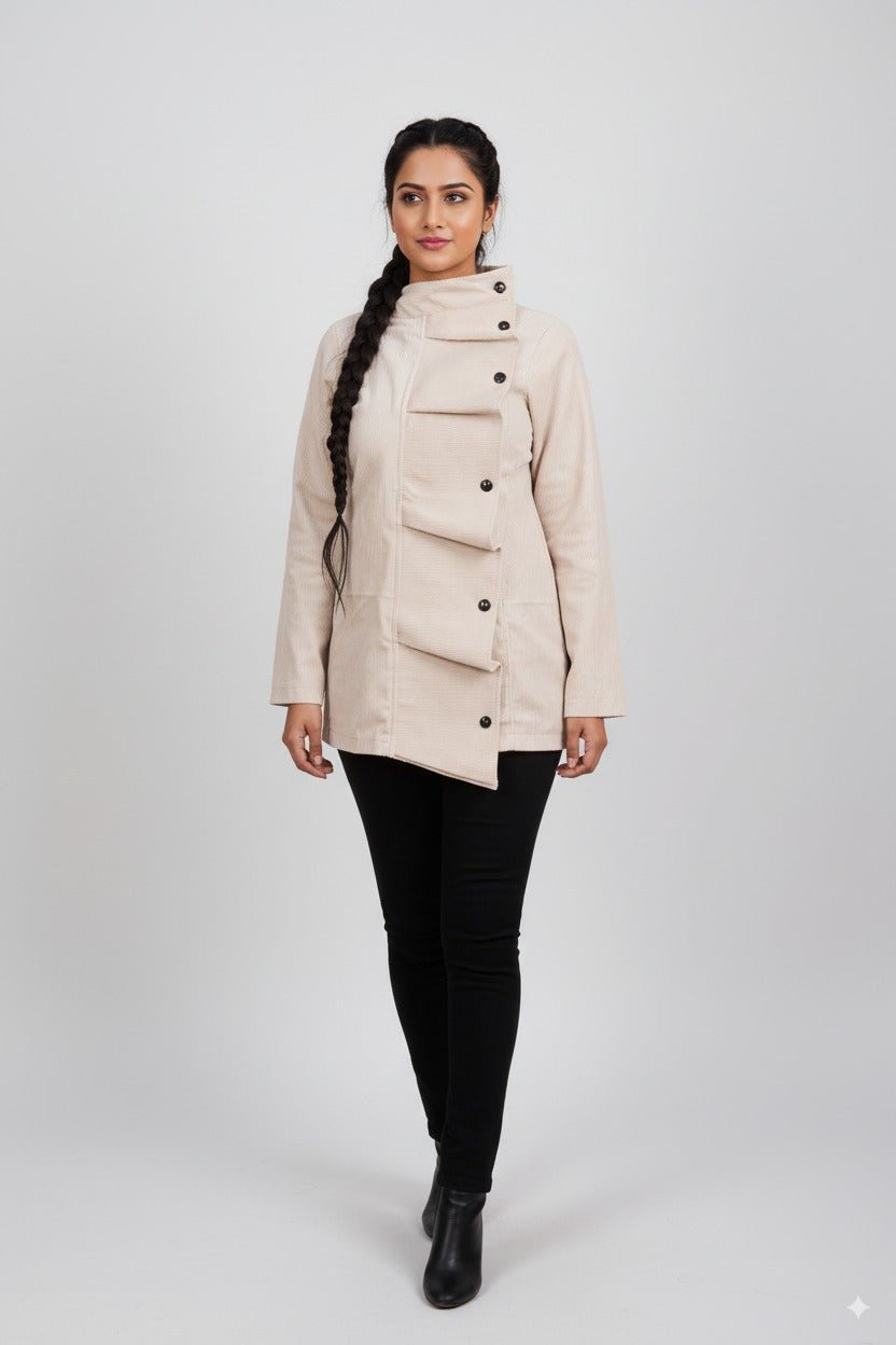 Corduroy Asymmetric Jacket – Stylish Casual Wear for Women – Womens Jacket on Brown Living™. SKU: J21011. Img 4.