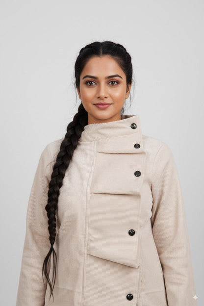 Corduroy Asymmetric Jacket – Stylish Casual Wear for Women – Womens Jacket on Brown Living™. SKU: J21011. Img 2.