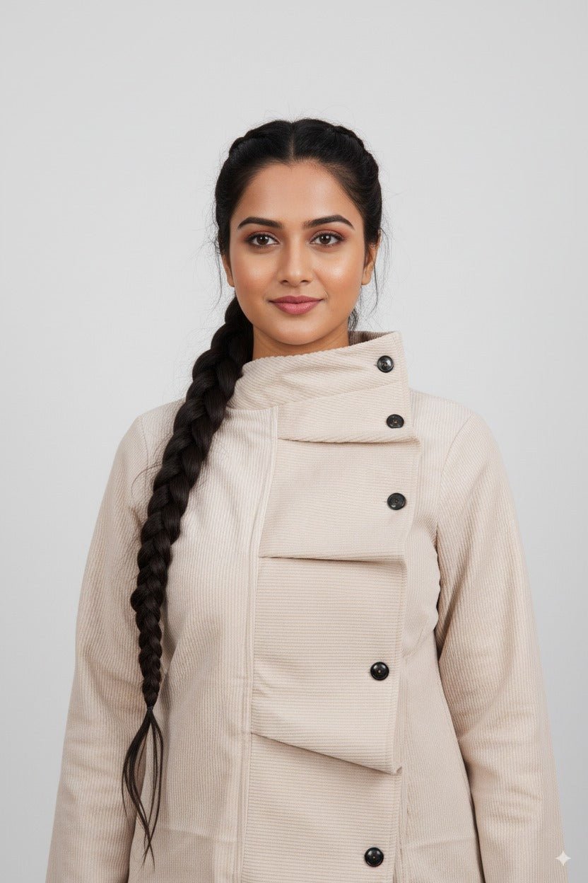 Corduroy Asymmetric Jacket – Stylish Casual Wear for Women – Womens Jacket on Brown Living™. SKU: J21011. Img 2.