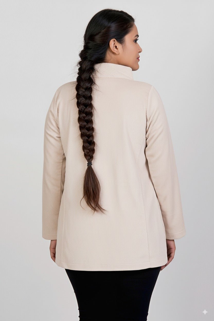 Corduroy Asymmetric Jacket – Stylish Casual Wear for Women – Womens Jacket on Brown Living™. SKU: J21011. Img 3.