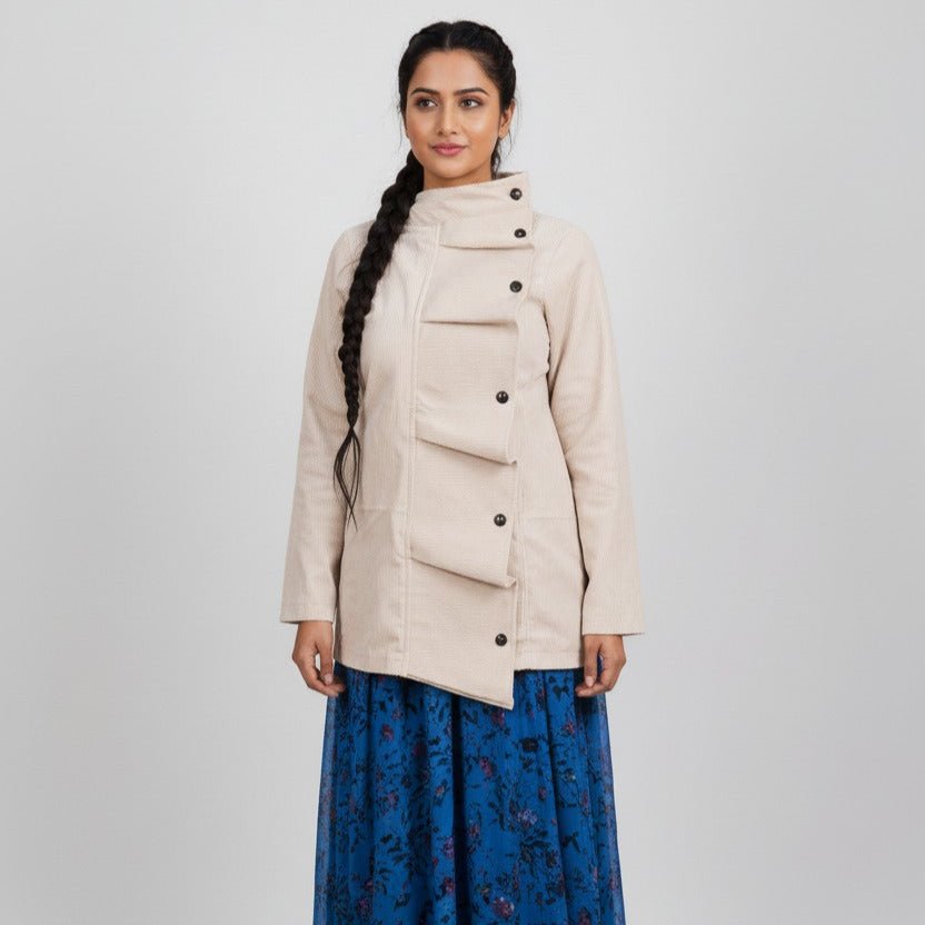 Corduroy Asymmetric Jacket – Stylish Casual Wear for Women – Womens Jacket on Brown Living™. SKU: J21011. Img 1.