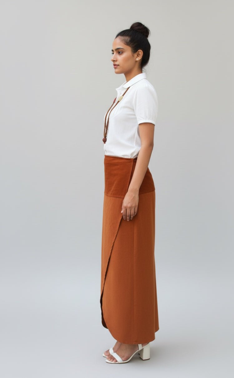 Corduroy Terracotta Wrap Skirt – Stylish & Comfortable – Womens Skirt on Brown Living™. SKU: SK24006. Img 2.