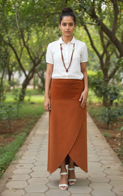 Corduroy Terracotta Wrap Skirt – Stylish & Comfortable – Womens Skirt on Brown Living™. SKU: SK24006. Img 4.