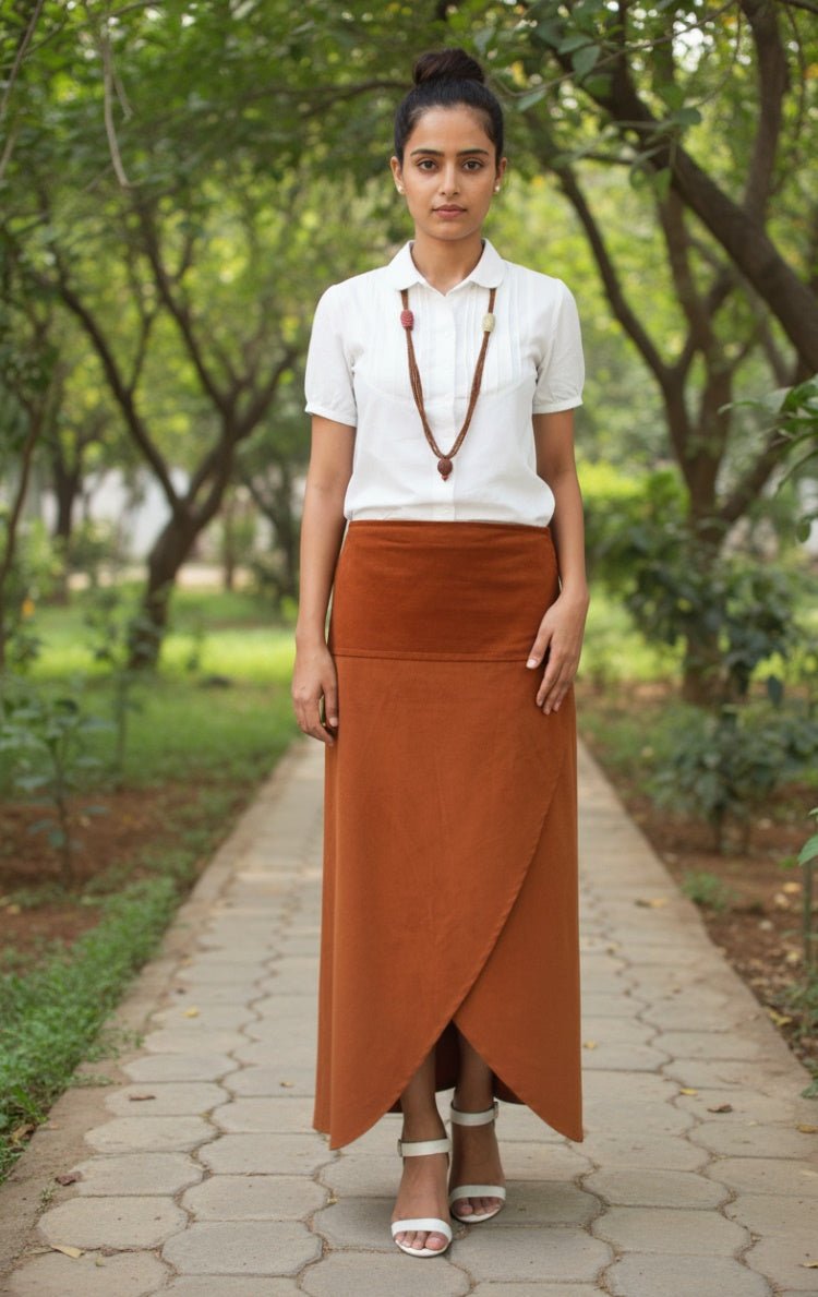 Corduroy Terracotta Wrap Skirt – Stylish & Comfortable – Womens Skirt on Brown Living™. SKU: SK24006. Img 4.
