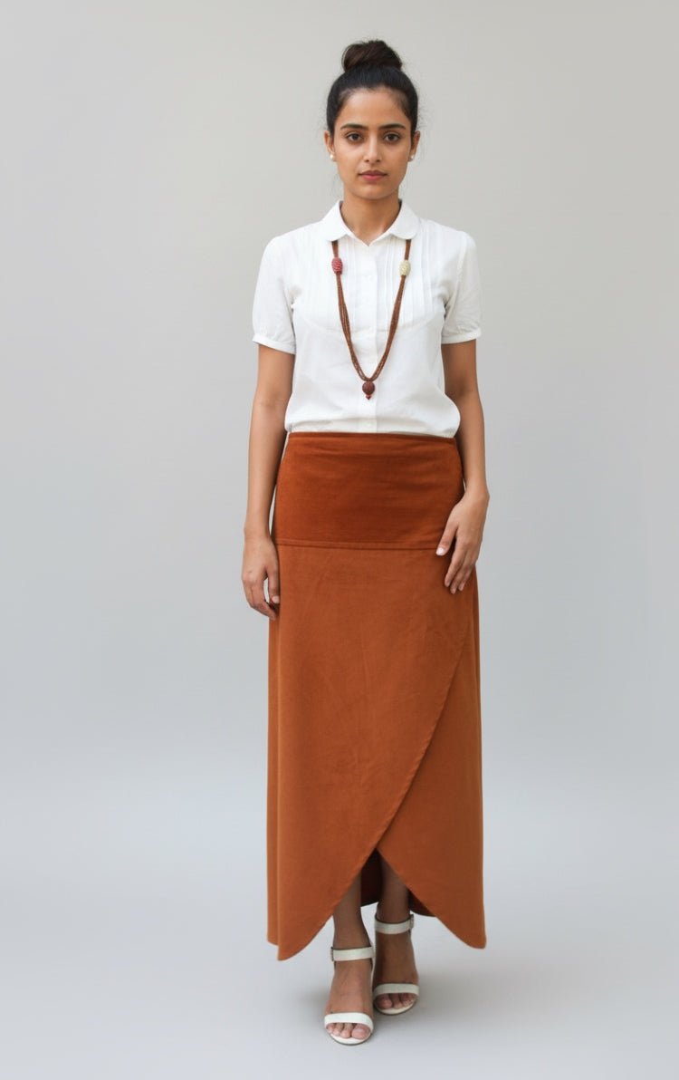 Corduroy Terracotta Wrap Skirt – Stylish & Comfortable – Womens Skirt on Brown Living™. SKU: SK24006. Img 1.