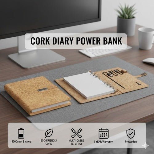 Cork Diary Power Bank 5000mAh | Eco Friendly Wireless Power Bank – Desk Accessories on Brown Living™. SKU: WDPB5000. Img 1.