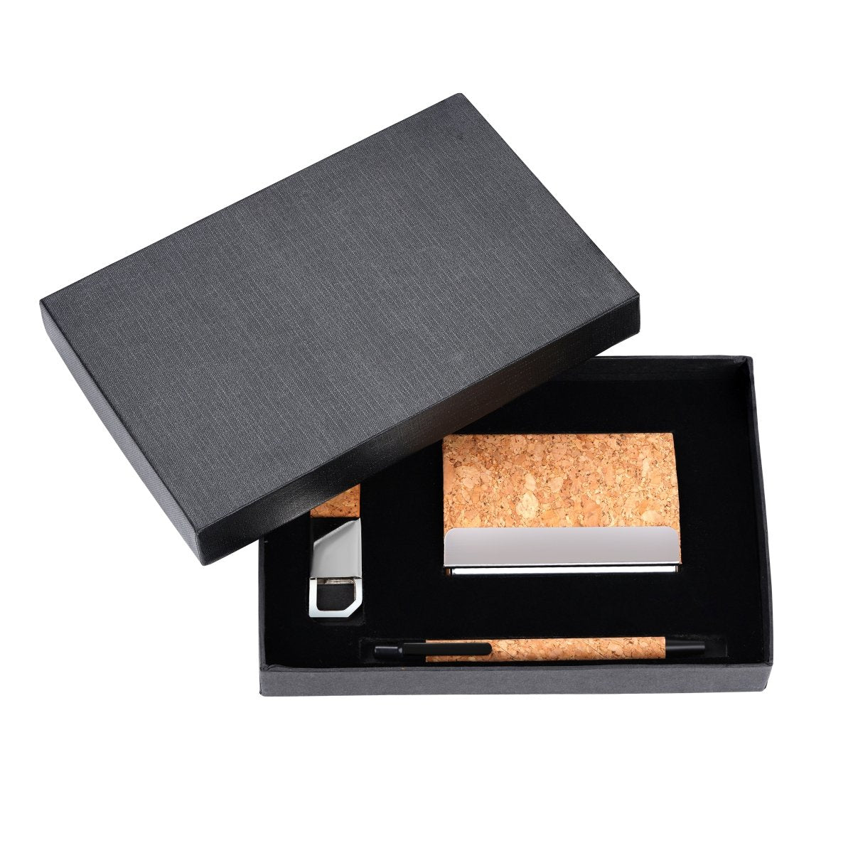 Cork Pen Visiting Card Holder And Keychain Gift Set – Gift by The Cork Studio available on Brown Living™. . SKU: TCS - 09. Img 1.
