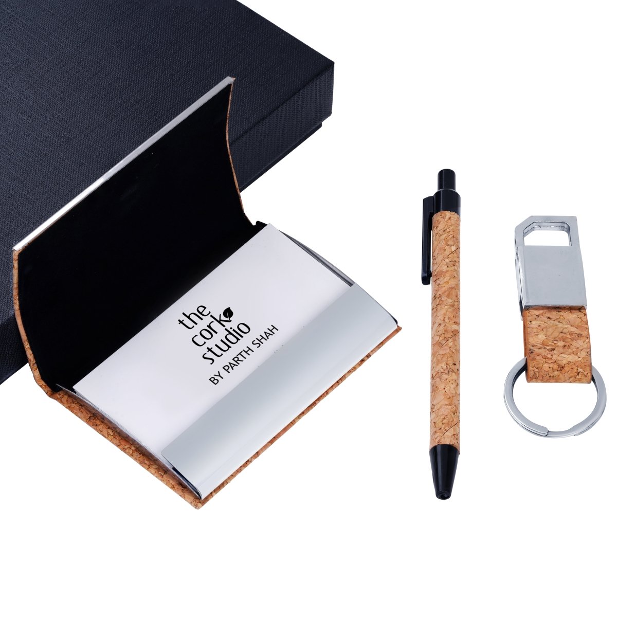 Cork Pen Visiting Card Holder And Keychain Gift Set – Gift by The Cork Studio available on Brown Living™. . SKU: TCS - 09. Img 3.