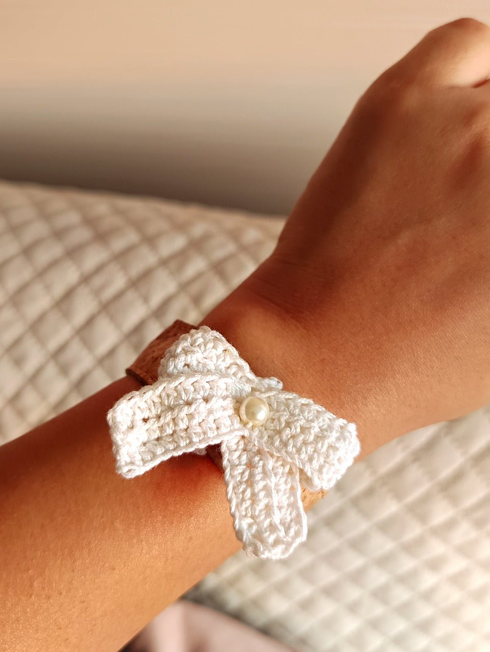 Cork Wristband With Crochet Embellishment – Womens Accessories on Brown Living™. SKU: CORKBAND_CROCHET1. Img 1.