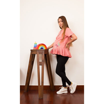Cosy Coral Frill Top | Cotton Maternity Top for Women | Pastel Pink – Womens Maternity Wear on Brown Living™. SKU: MCBL126. Img 2.