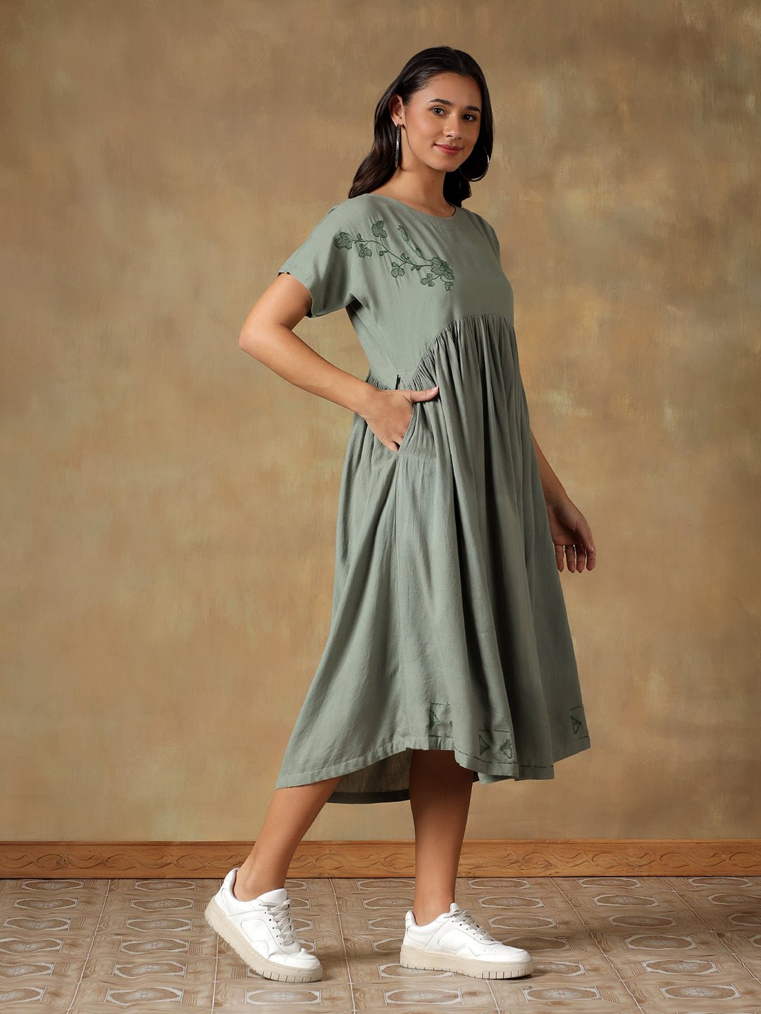 Cotton Chikankari Maxi Dress | Hand Embroidered Lucknowi Dress – Womens Dress on Brown Living™. SKU: IHTCD02SG. Img 11.