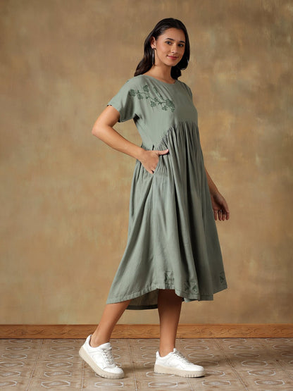 Cotton Chikankari Maxi Dress | Hand Embroidered Lucknowi Dress – Womens Dress on Brown Living™. SKU: IHTCD02SG. Img 11.