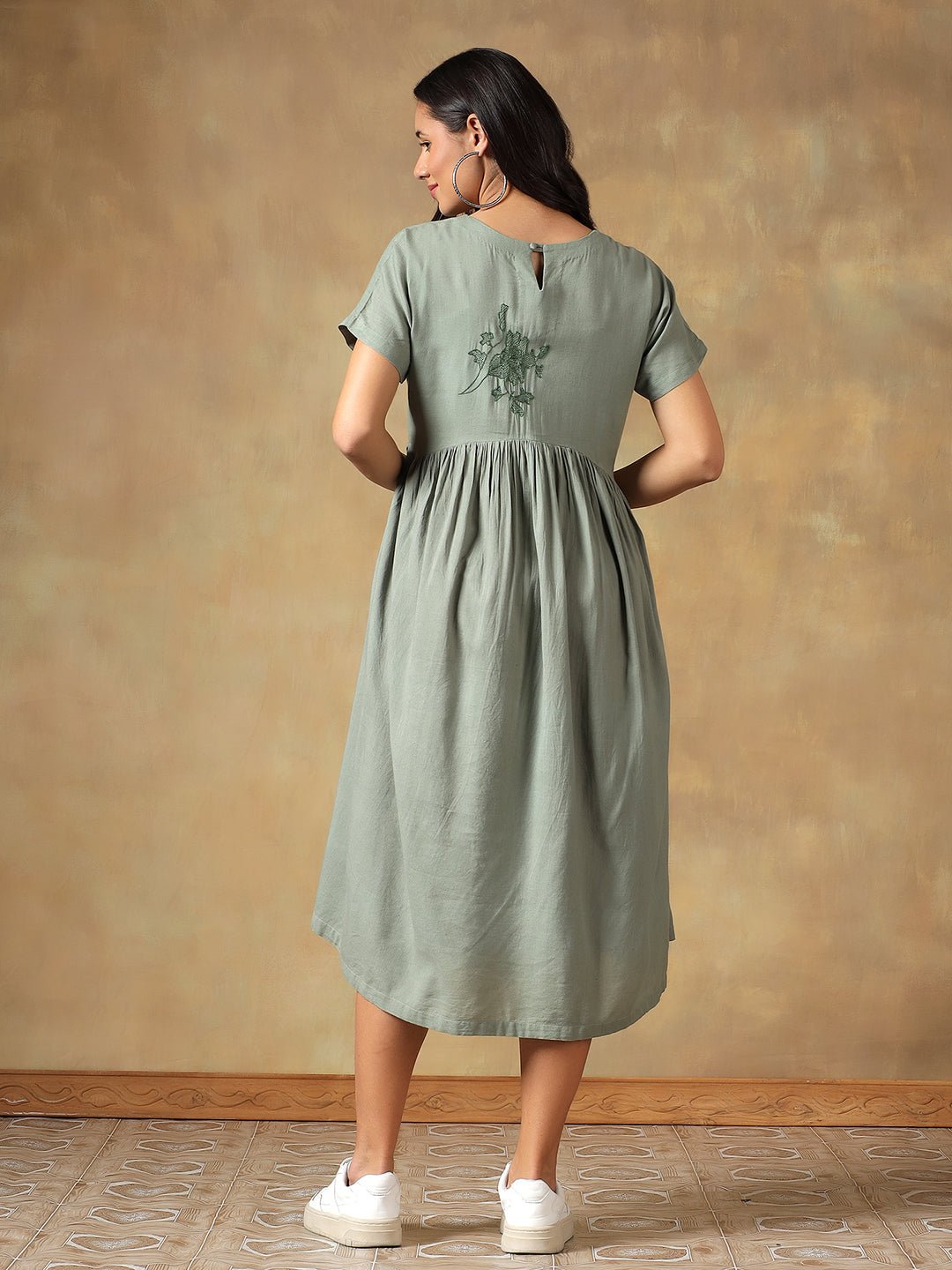 Cotton Chikankari Maxi Dress | Hand Embroidered Lucknowi Dress – Womens Dress on Brown Living™. SKU: IHTCD02SG. Img 14.