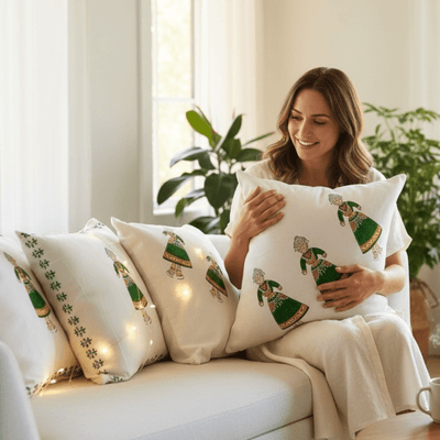 Cotton Cushion Cover - Traditional Doll Print - Set of 4 – Covers & Inserts on Brown Living™. SKU: CUSDOLLGREEN443. Img 12.