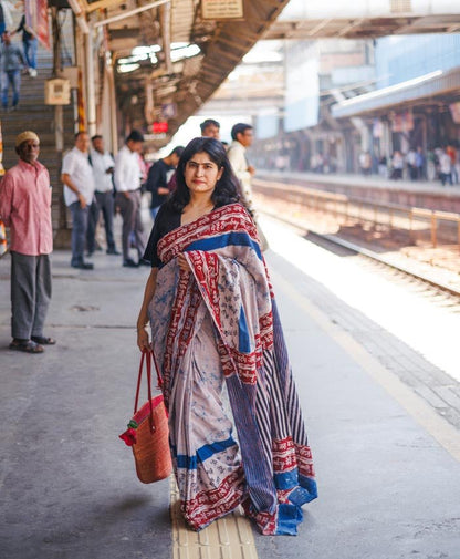Cotton Indigo plain Bombay Meri Jaan – Womens Saree on Brown Living™. SKU: K - 939. Img 2.