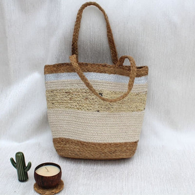 Cotton Jute Tote Bags – Womens Bag by ONEarth available on Brown Living™. Beige & Cream . SKU: OEP400a. Img 5.