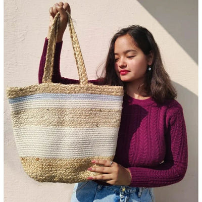Cotton Jute Tote Bags – Womens Bag by ONEarth available on Brown Living™. Beige & Cream . SKU: OEP400a. Img 6.
