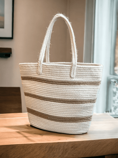 Cotton Jute Tote Bags – Womens Bag by ONEarth available on Brown Living™. Cream & Brown Lines . SKU: OEPCB1a. Img 10.