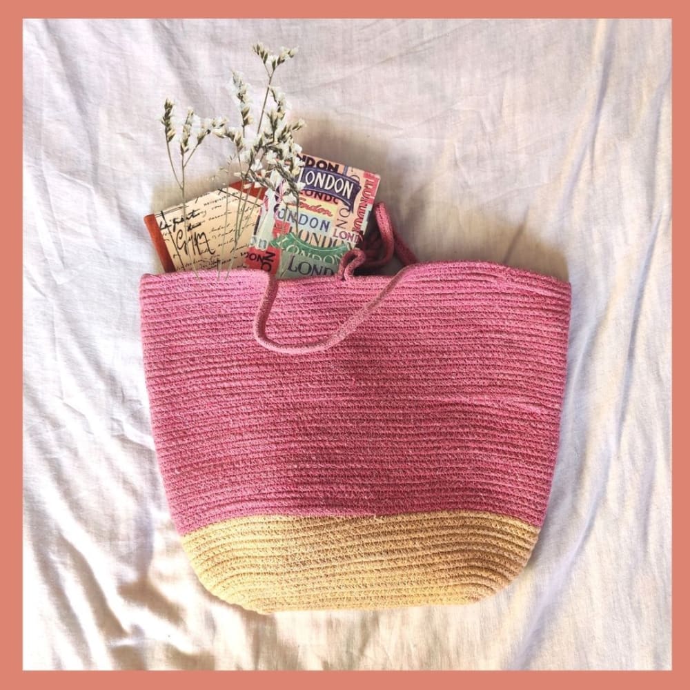 Cotton Jute Tote Bags – Womens Bag by ONEarth available on Brown Living™. Pink & Cream . SKU: OEP276a. Img 4.