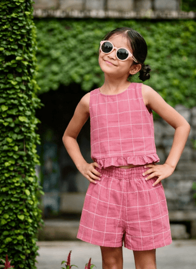 Cotton Pink Checkered Top & Shorts Set Regular Fit for Girls – Kids Daywear Sets on Brown Living™. SKU: PG158_1. Img 1.