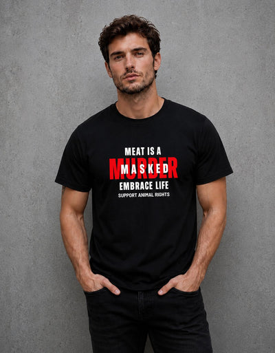 Cotton Unisex T-Shirt | Relaxed Fit Graphic Tee – Mens T-Shirt on Brown Living™. SKU: meat-is-a-masked-murder-unisex-Black-S. Img 3.