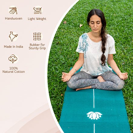 Cotton Yoga Mat - Lotus - High Grip Teal - 24 inches | Verified Sustainable by Brown Living™