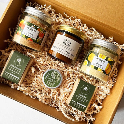 Cozy Citrusy Floral Gift Hamper - Bath & Foot Soaks + Mini Soaps + Lip Butter + Candle – Gift Giving on Brown Living™. SKU: BUN19. Img 1.