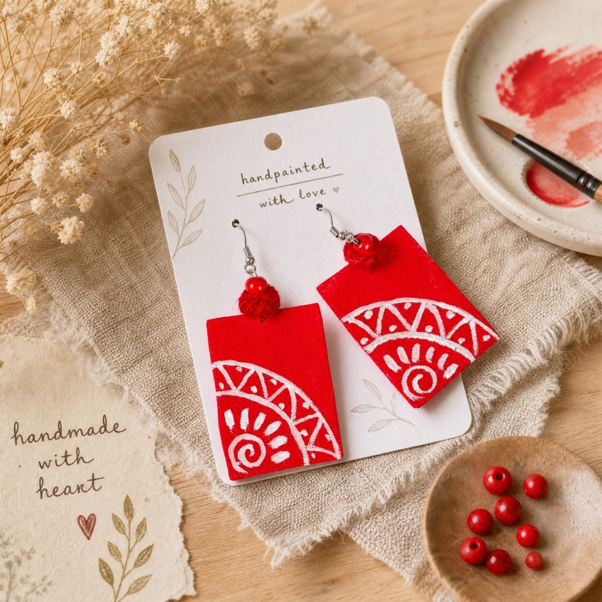 Cranberry Handpainted Earrings – Artisan Handcrafted Statement Jewelry – Jewellery on Brown Living™. SKU: AMEARCranberry. Img 5.