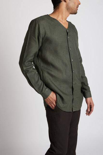 Crescent V - Neck Kurta Bottle Green | Verified Sustainable by Brown Living™