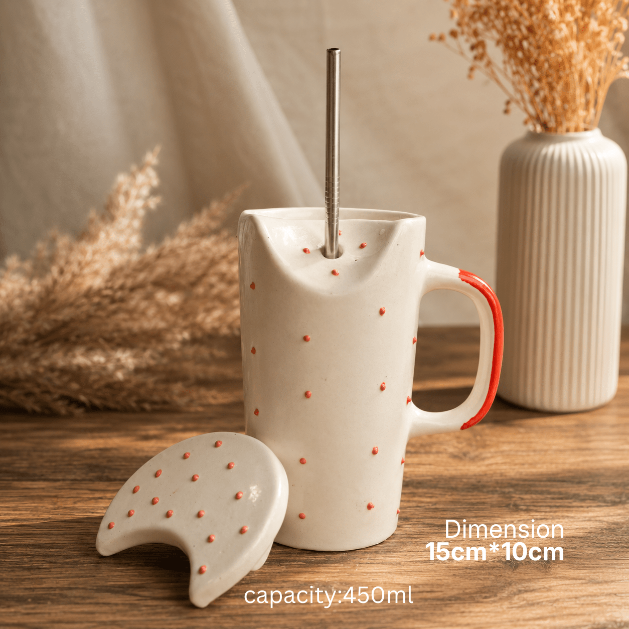 Crimson Ceramic Sipper with Steel Straw – Mugs on Brown Living™. SKU: RKH-16. Img 1.