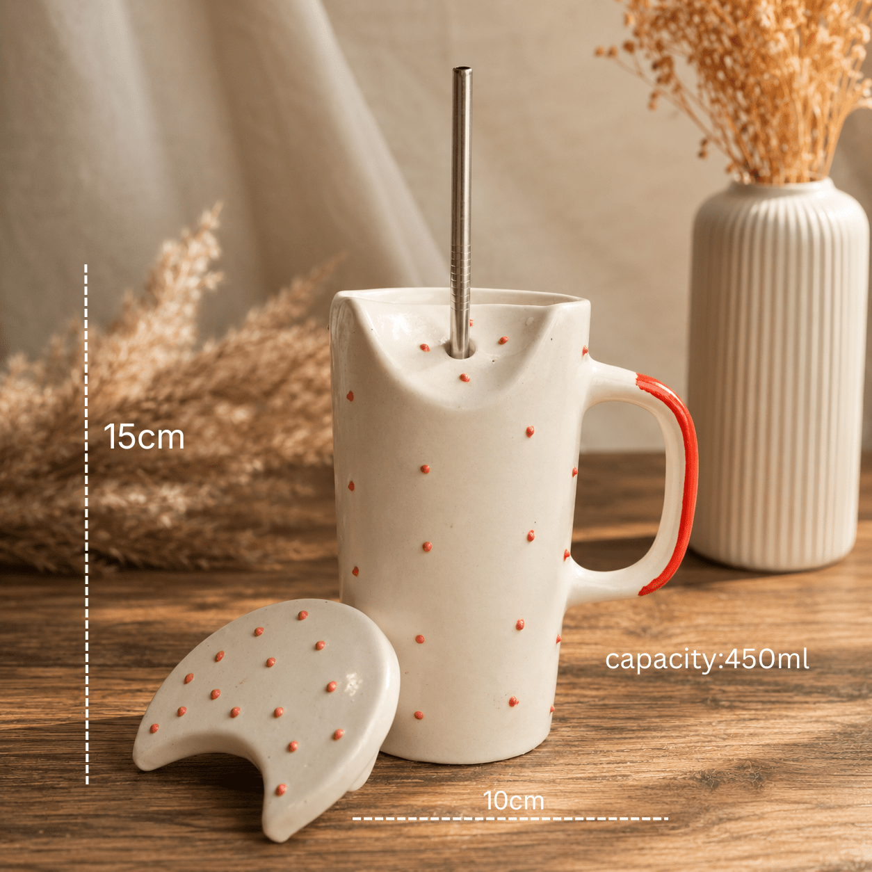 Crimson Ceramic Sipper with Steel Straw – Mugs on Brown Living™. SKU: RKH-16. Img 3.