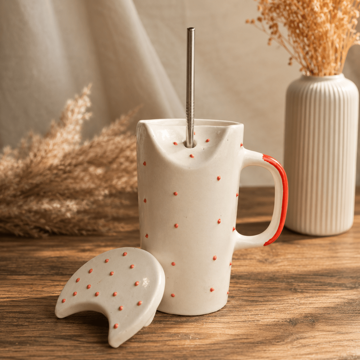 Crimson Ceramic Sipper with Steel Straw – Mugs on Brown Living™. SKU: RKH-16. Img 4.