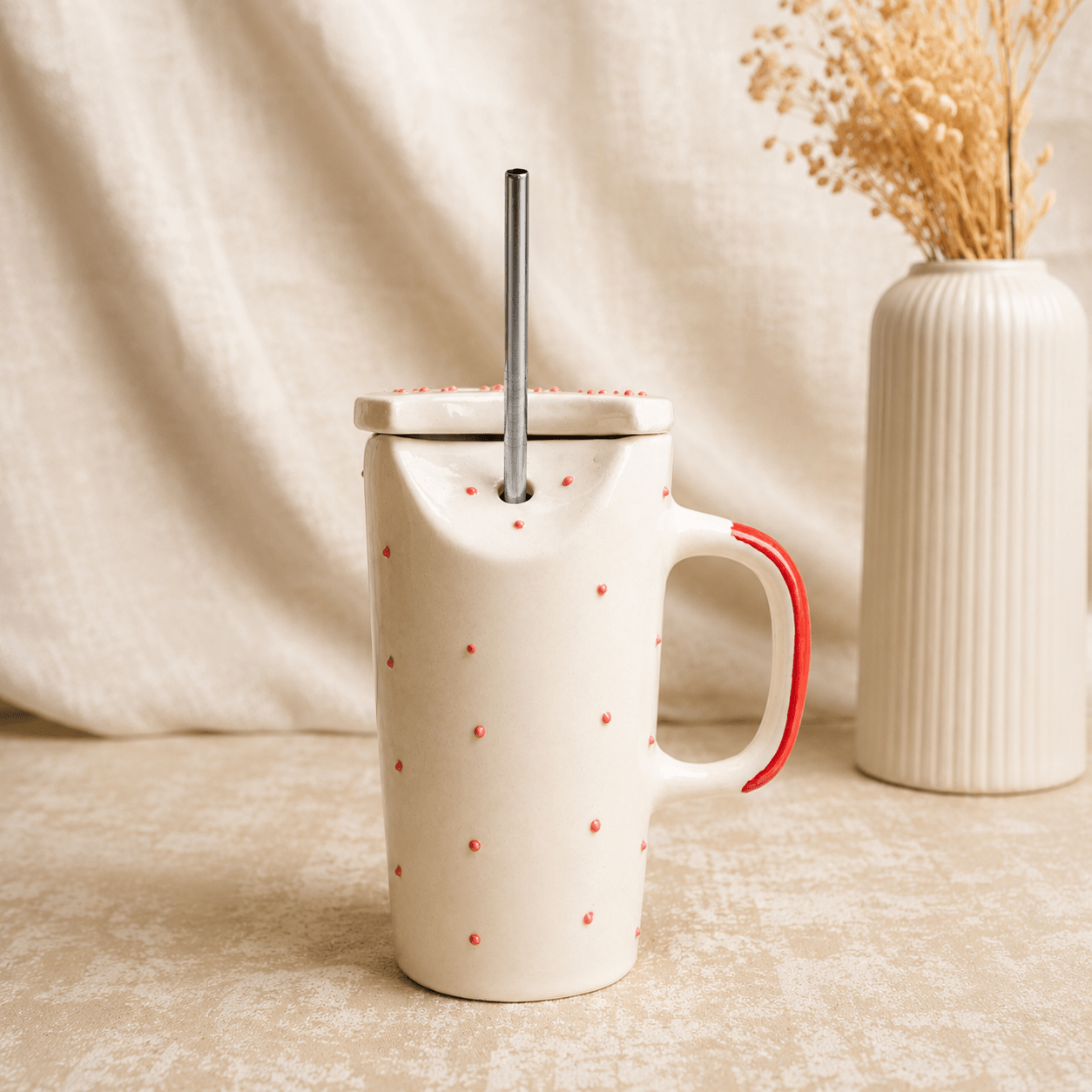 Crimson Ceramic Sipper with Steel Straw – Mugs on Brown Living™. SKU: RKH-16. Img 8.