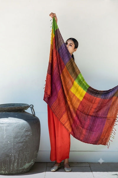 Crimson Red Madras Checks Tussar Peace Silk Scarf – Womens Scarf on Brown Living™. SKU: NAESA107. Img 3.